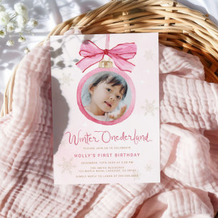 Pink Bow Winter Onederland First Birthday Invitation