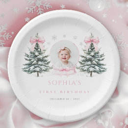 Pink Bow Winter Onederland First Birthday Paper Plate