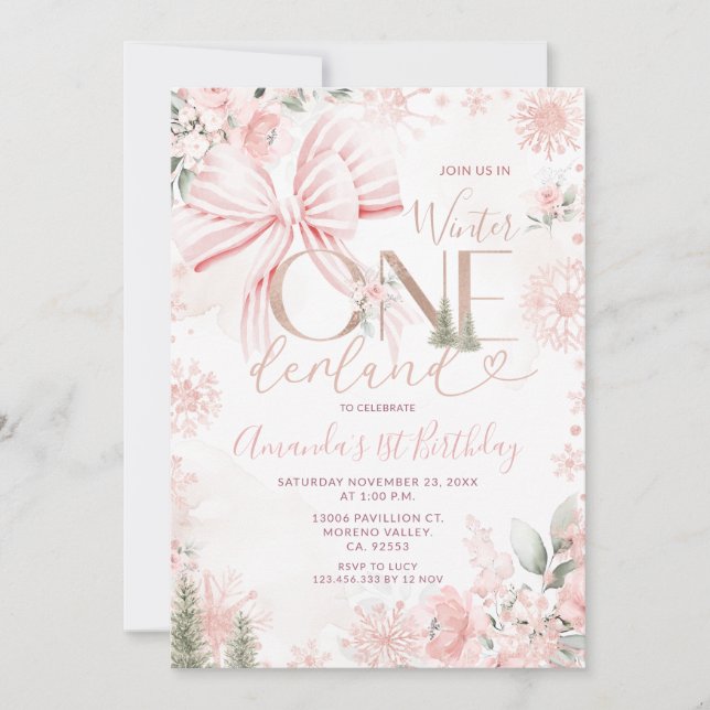 Pink Bow Winter Onederland Floral First Birthday Invitation (Front)