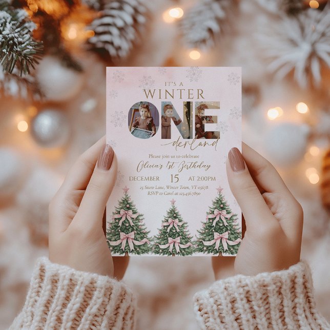 Pink Bow Winter Onederland Girl 1st Birthday Photo Invitation (Creator Uploaded)
