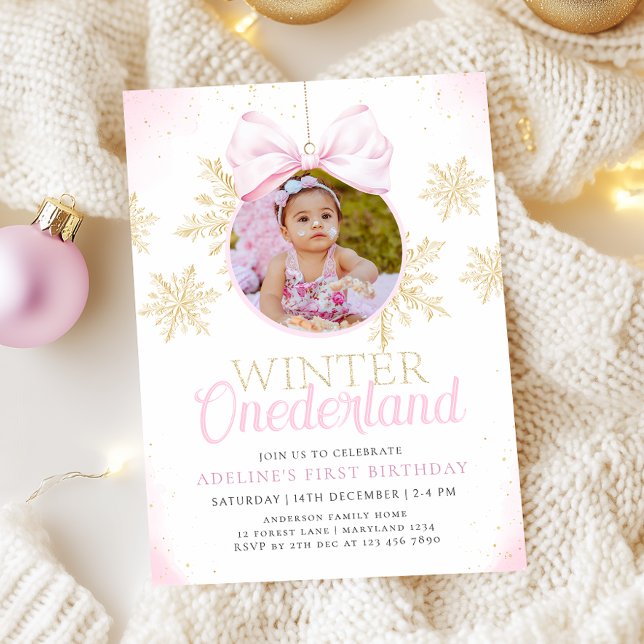 Pink Bow Winter Onederland Girl First Birthday Invitation (Creator Uploaded)
