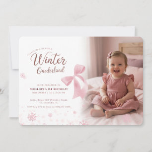 Pink Bow Winter Onederland Girl Photo 1st Birthday Invitation