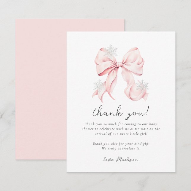 Pink Bow Winter Snowflake Baby Shower Card (Front/Back)