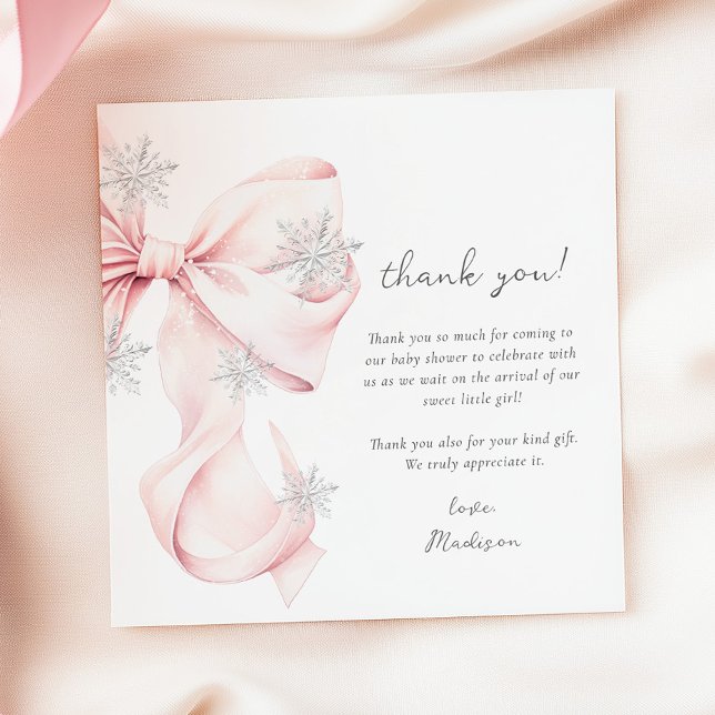 Pink Bow Winter Snowflake Baby Shower  Thank You Card (Creator Uploaded)