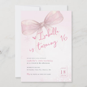 Pink Bow Winter Snowflake Girl 16th Birthday Invitation