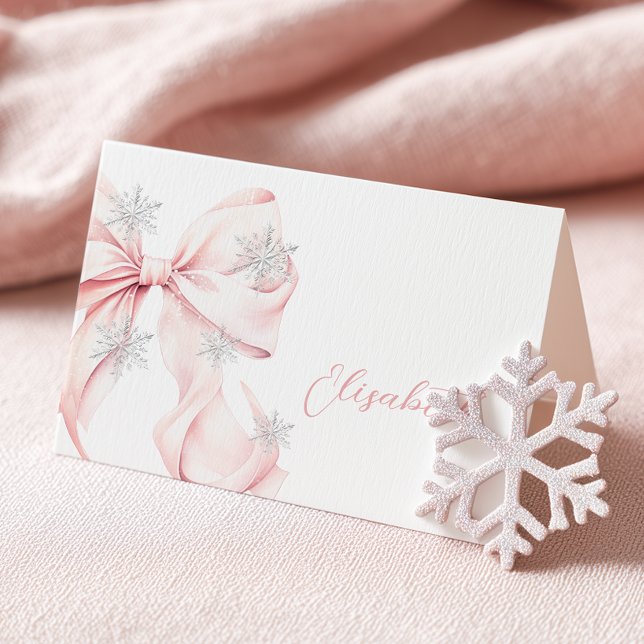 Pink Bow Winter Table Place Card  (Creator Uploaded)
