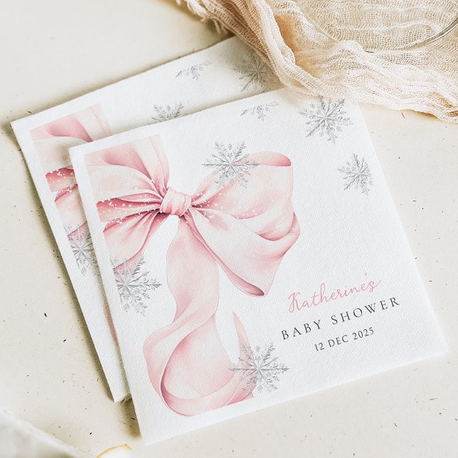 Pink Bow Winter Theme Snowflake Baby Shower Napkin (Creator Uploaded)