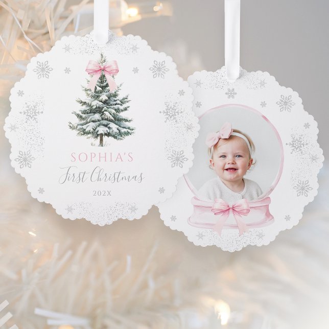 Pink Bow Winter Tree First Christmas Decoration Card (Creator Uploaded)