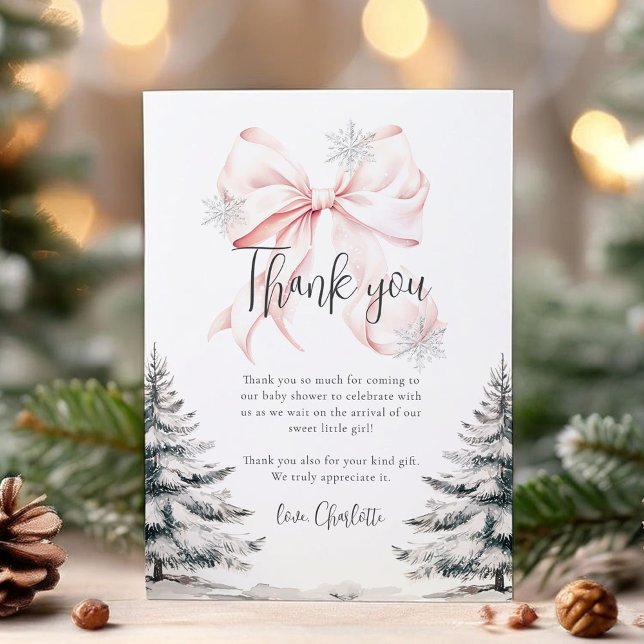 Pink Bow Winter Trees Baby Shower Thank You Card (Creator Uploaded)