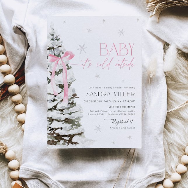 Pink Bow Winter Wonderland Girl Baby Shower Invitation (Creator Uploaded)