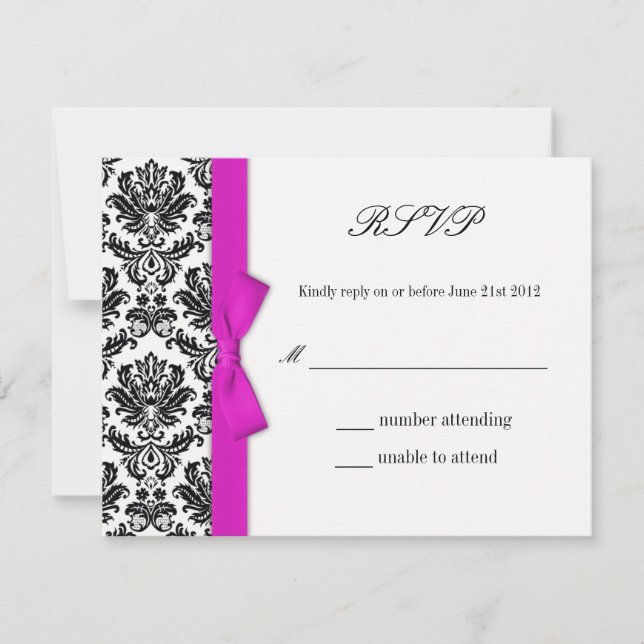 Pink Bow with Damask Wedding RSVP Response Card (Front)
