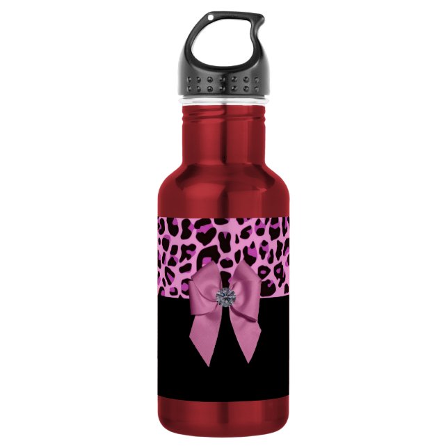 Pink Bow with Diamond in Leopard Print 532 Ml Water Bottle (Front)