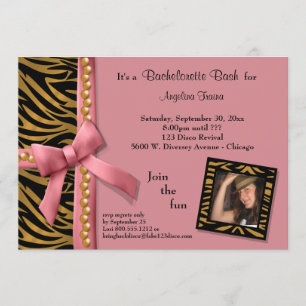 Pink Bow With Gold Pearls And Zebra Stripes Invitation