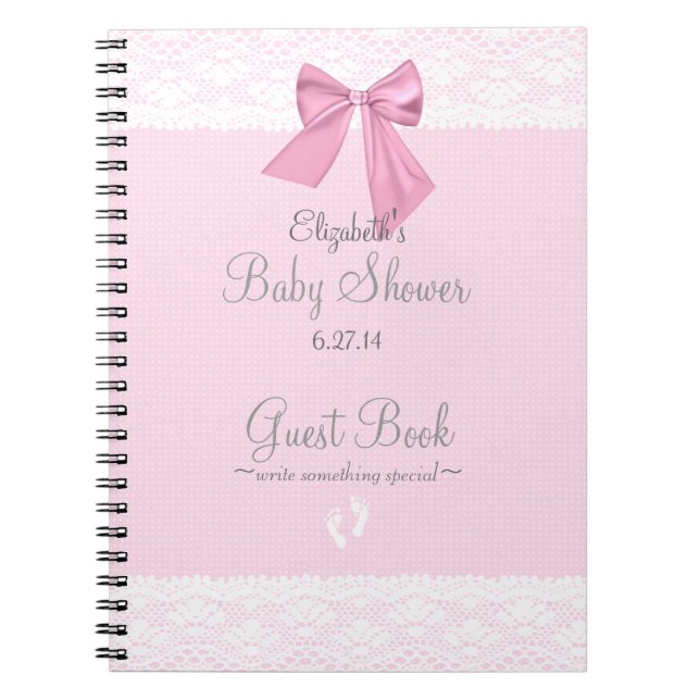 Pink Bow with Lace Image Baby Shower Guest Book (Front)