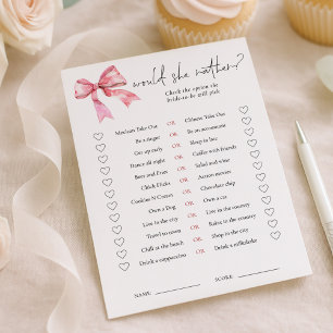 PInk Bow Would She Rather Bridal Shower Game Card