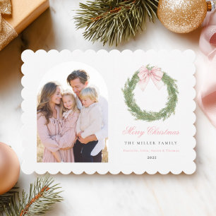 Pink Bow Wreath Christmas Holiday Card
