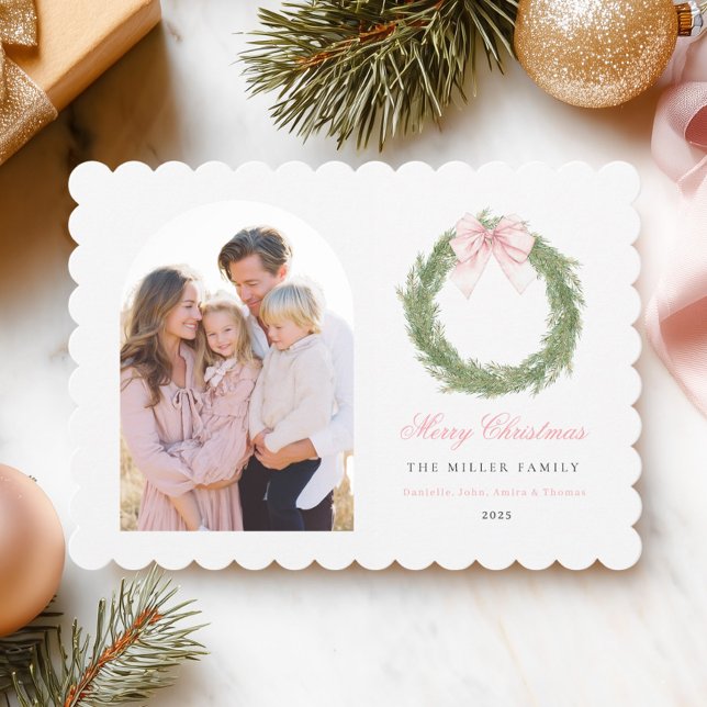 Pink Bow Wreath Christmas Holiday Card (Creator Uploaded)