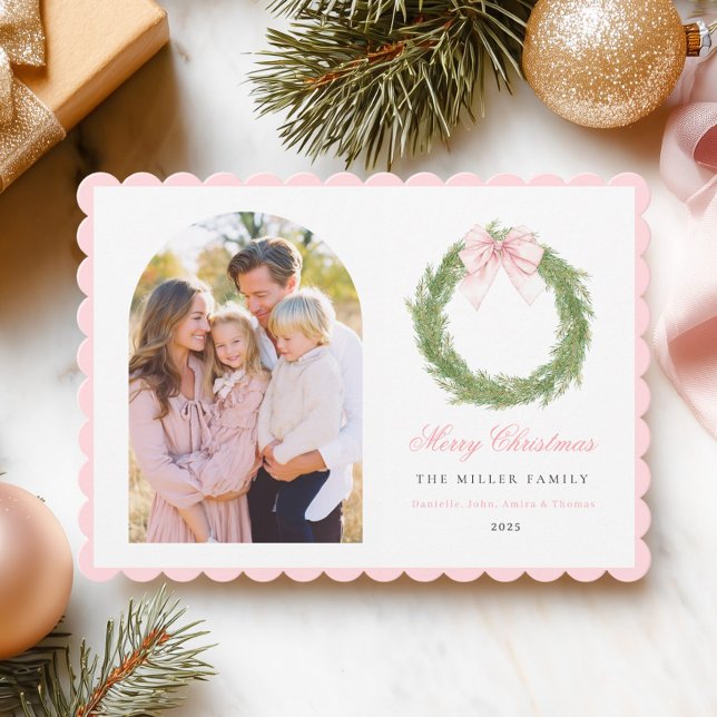 Pink Bow Wreath Christmas Holiday Card (Creator Uploaded)