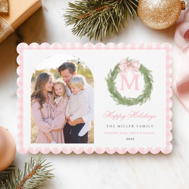 Pink Bow Wreath Christmas Holiday Card (Creator Uploaded)