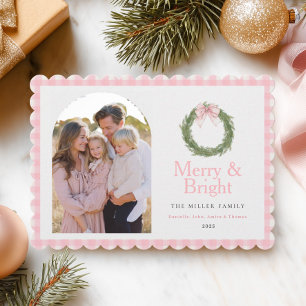 Pink Bow Wreath Christmas Holiday Card