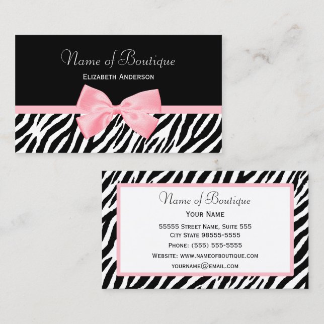 Pink Bow Zebra Boutique Business Card (Front/Back)