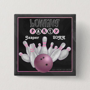 Pink Bowling Party 15 Cm Square Badge