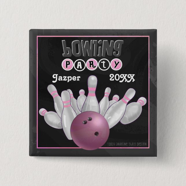 Pink Bowling Party 15 Cm Square Badge (Front)
