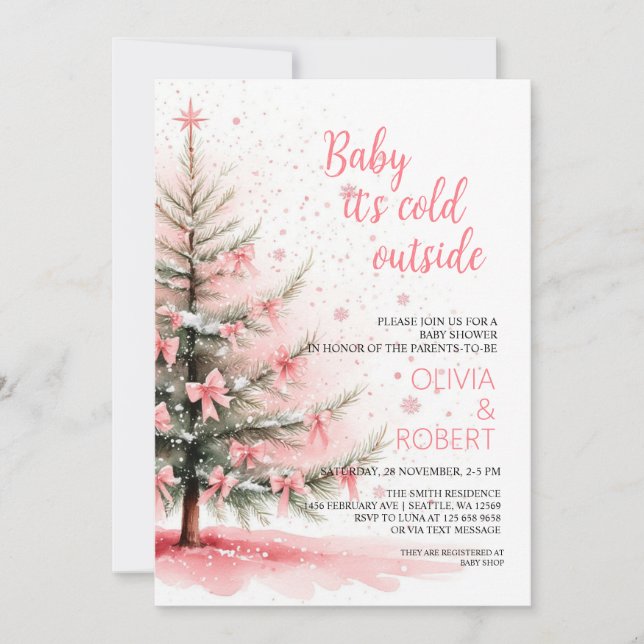 Pink Bows and Christmas Tree Baby Shower Invitation (Front)