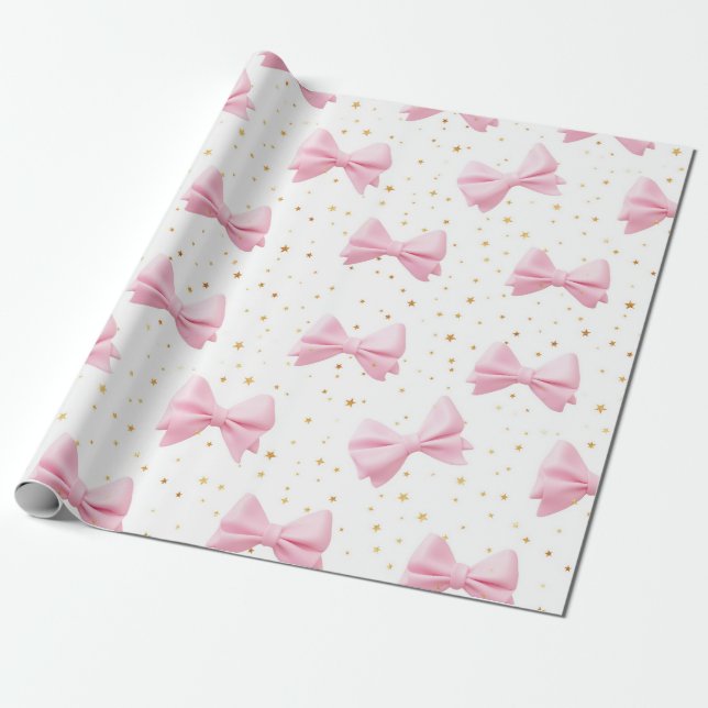 Pink Bows and Golden Stars Pattern Wrapping Paper (Unrolled)