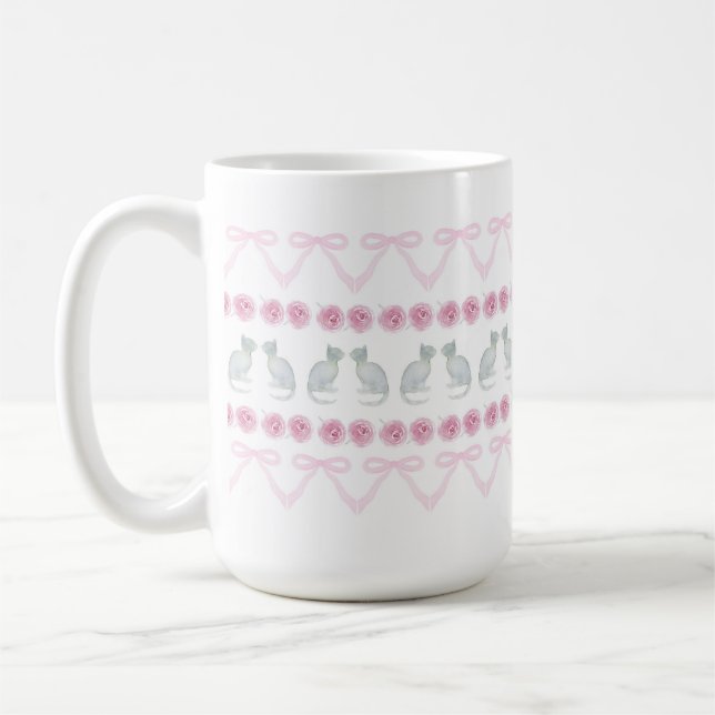 Pink Bows and Grey Kittens Coffee Mug (Left)