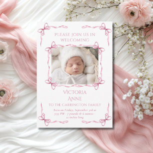 Pink Bows Baby Girl Photo Birth Announcement Card