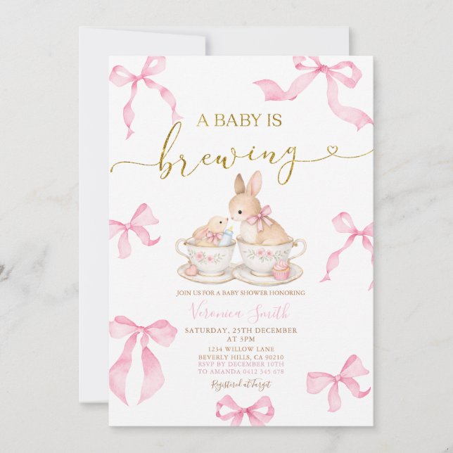 Pink Bows Bunny Tea Party Baby Shower Invitation (Front)