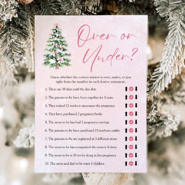 Pink Bows Christmas Over Or Under Baby Shower Game Invitation (Pink Bows Christmas Over Or Under Baby Shower Game)