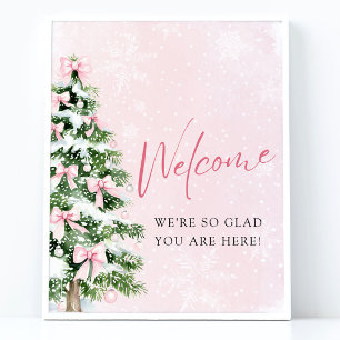 Pink Bows Christmas Tree Baby Shower Welcome Sign