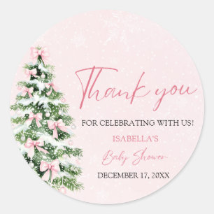 Pink Bows Christmas Tree Girl Winter Baby Shower Classic Round Sticker