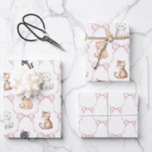 Pink Bows Cute Kitten Cats Birthday Wrapping Paper Sheet