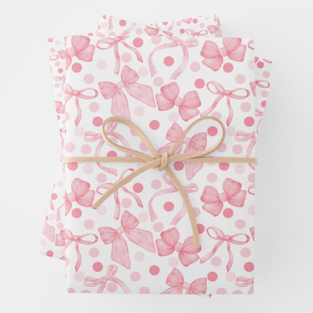 Pink Bows & Dark Pink Dots Wrapping Paper Sheet (In situ)
