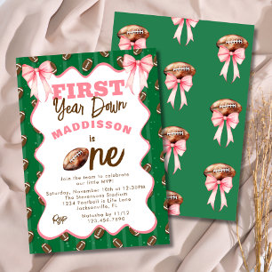 Pink Bows First Year Down Football 1st Birthday  Invitation