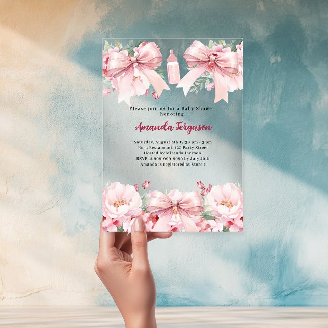 Pink bows florals girl bottle clear Baby Shower Acrylic Invitations (Creator Uploaded)
