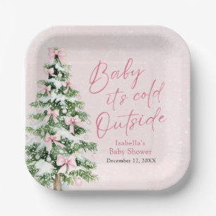 Pink Bows Girl Baby It's Cold Outside Baby Shower Paper Plate