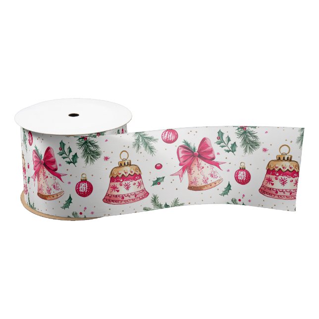 Pink Bows Gold Bells Christmas Ribbon Satin Ribbon (Spool)