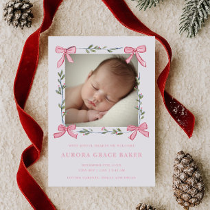 Pink Bows Greenery Christmas Berries Baby Announcement
