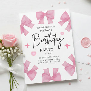 Pink Bows & Hearts Girl's Birthday Party Invitation