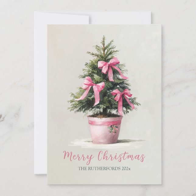 Pink Bows Merry Christmas Tree Holiday Card (Front)
