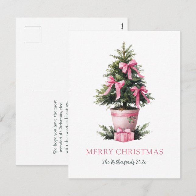 Pink Bows Merry Christmas Tree Postcard (Front/Back)
