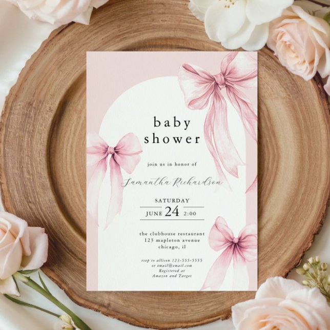 Pink bows modern arch girl baby shower sprinkle invitation (Creator Uploaded)