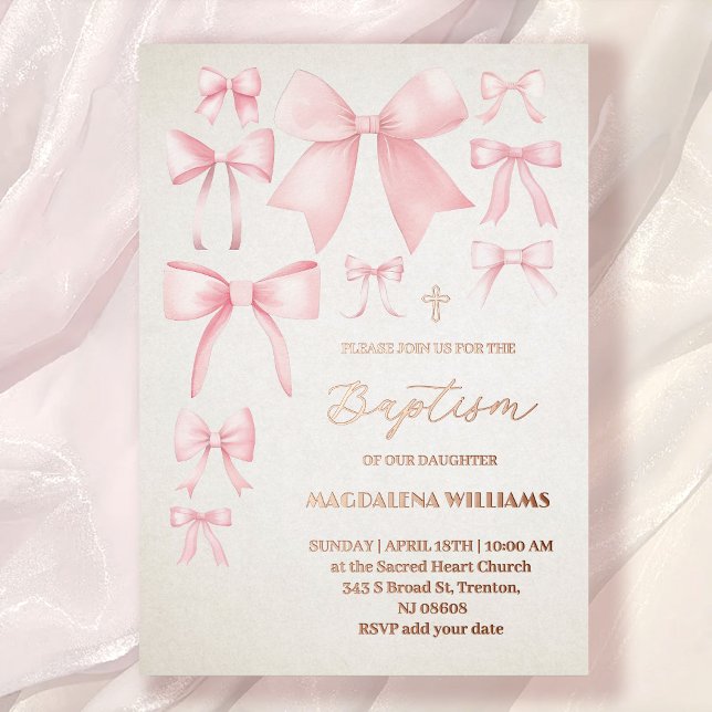 Pink bows pattern Baptism Foil Invitation (Creator Uploaded)