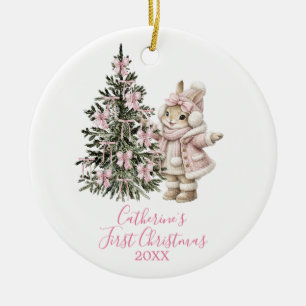 Pink Bows Pine Tree Christmas Bunny Winter Ceramic Ornament