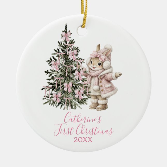 Pink Bows Pine Tree Christmas Bunny Winter Ceramic Ornament (Front)