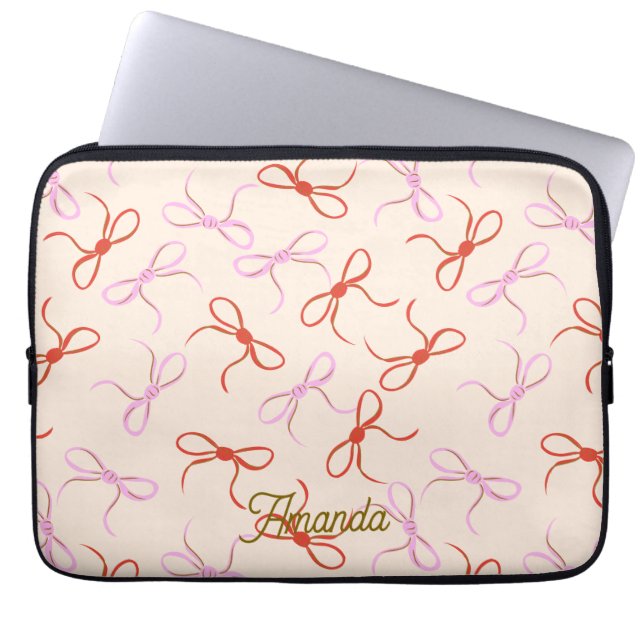 Pink Bows - Preppy Red and Pink Coquette Aesthetic Laptop Sleeve (Front)